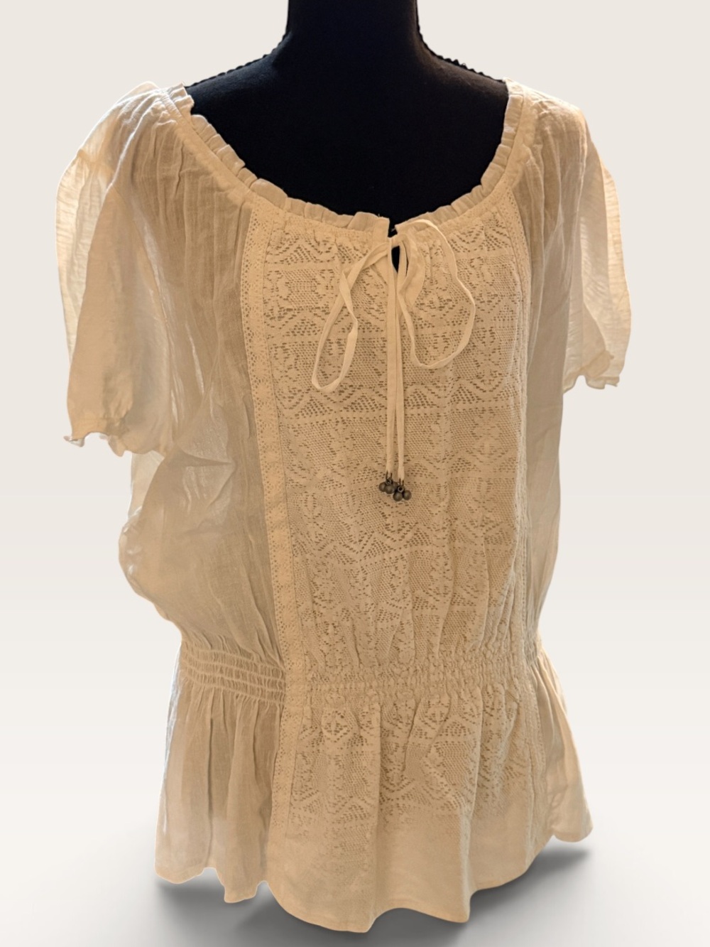 NWT Gloria Vanderbilt Cream Peasant Tie-Front Blouse Size L